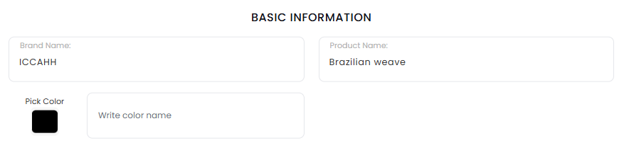 Form interface for entering product name and description