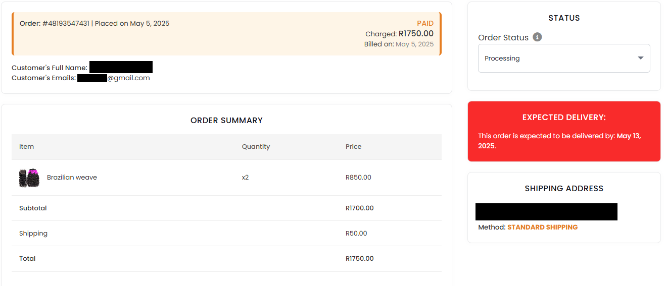 Order management dashboard